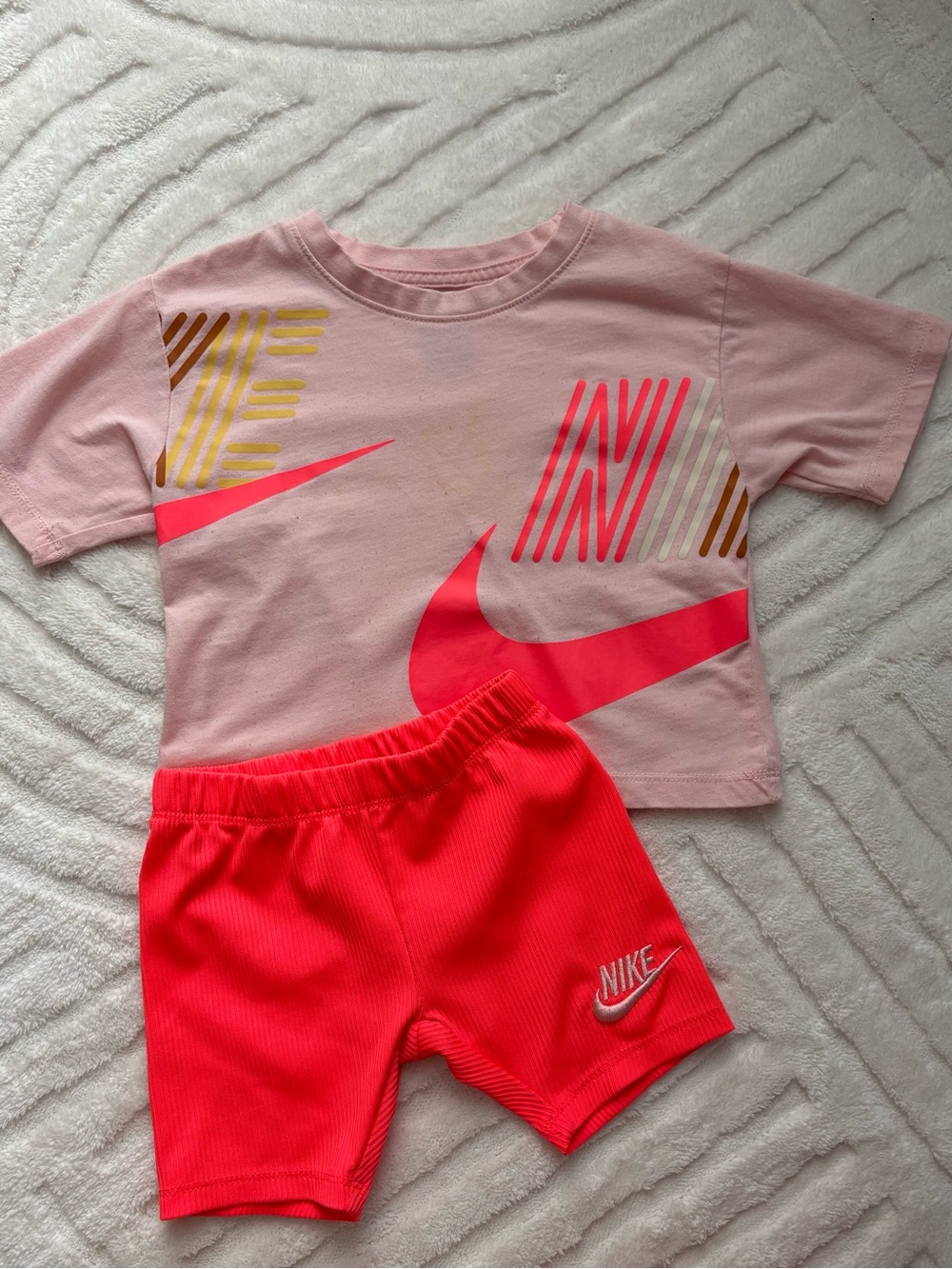 Nike Pink Crop Tee with Neon Coral Ribbed Shorts